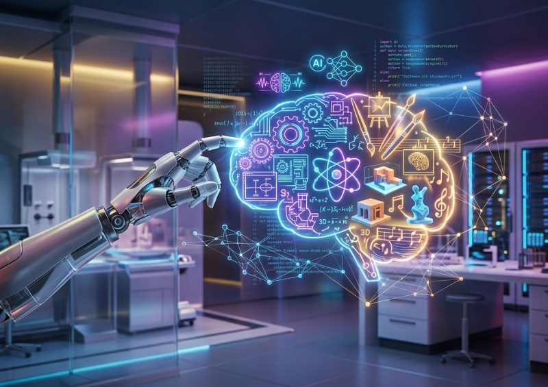 Futuristic Lab students using AI VR AR robotics coding